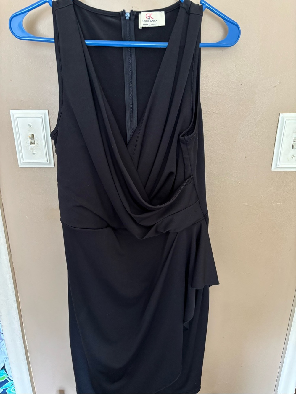 Grace Karin Black Draped V-Neck Midi Dress